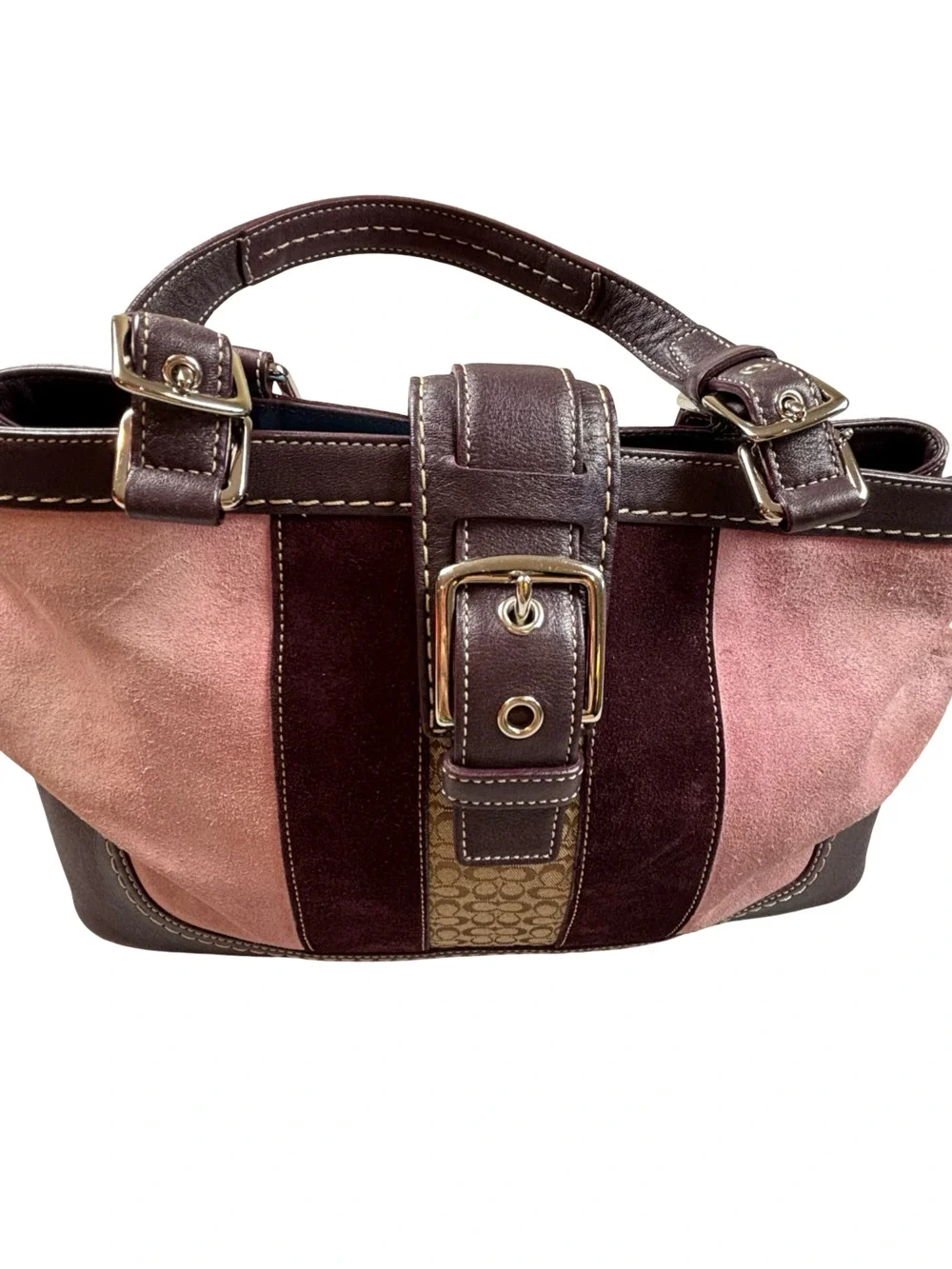 Coach Soho Striped Suede Signature Canvas Shoulder Bag Brown Pink Vintage Y2K